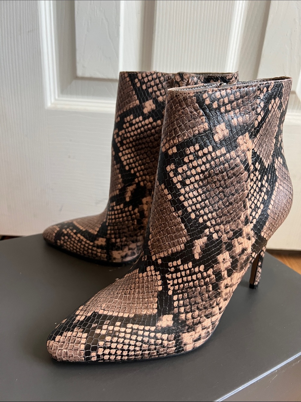 Vince Camuto Brown and Black Snake-Print Pointed Ankle Boots